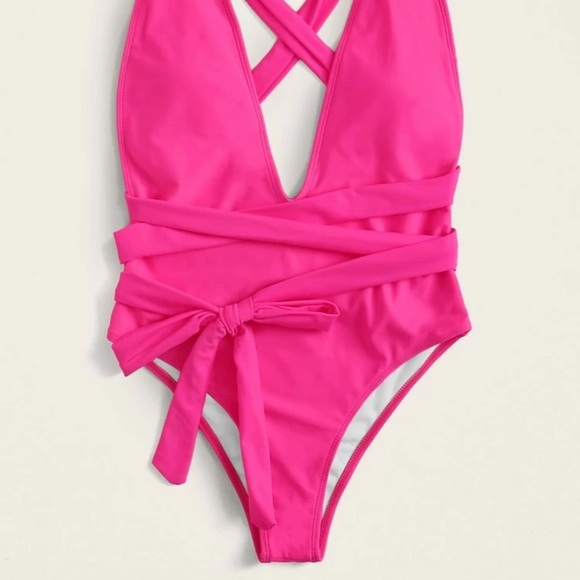 Shein Open Back Self Tie One Piece Swimsuit - Picture 2 of 6